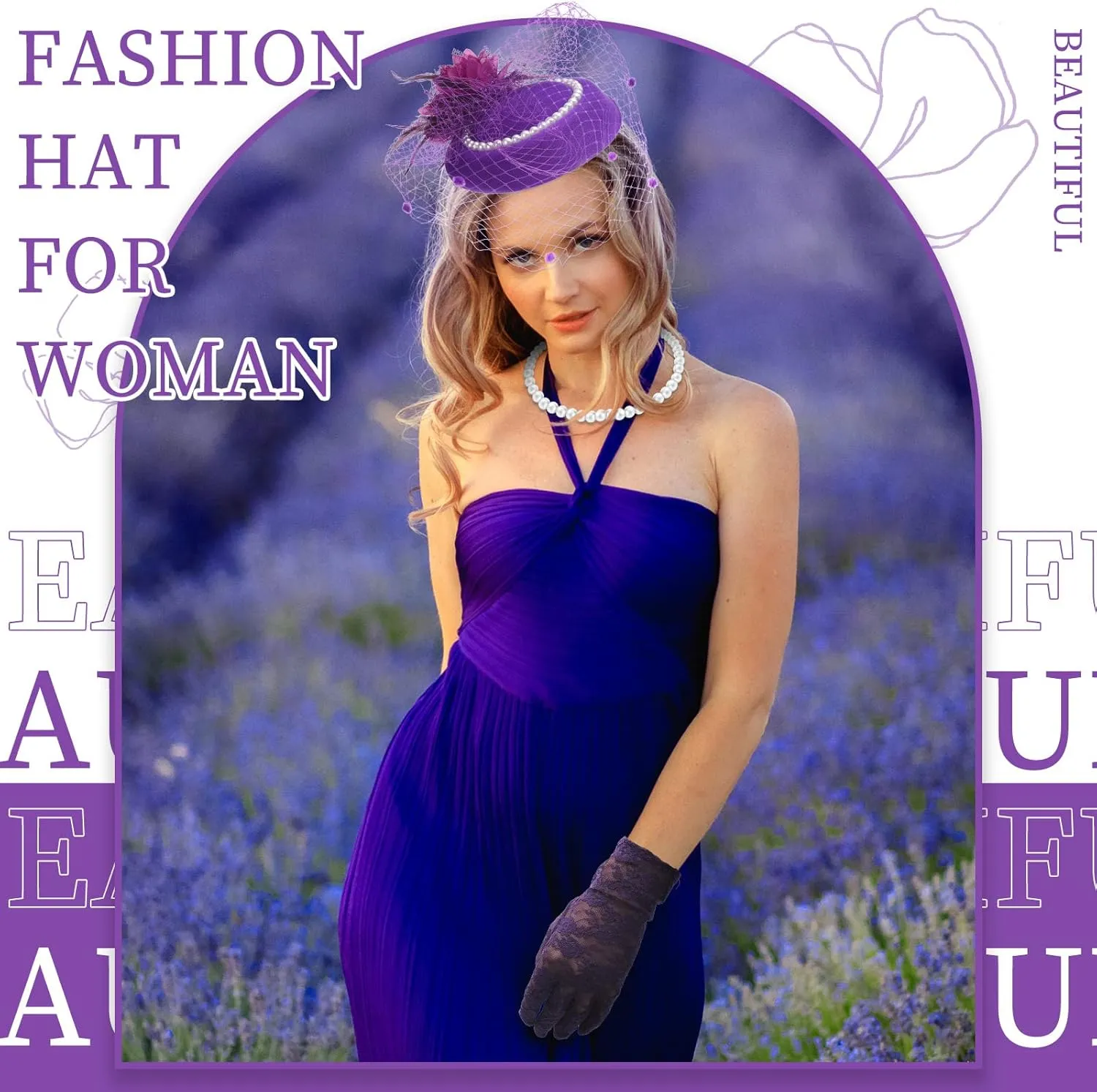3 Pieces Fascinator Hat for Women Tea Party Derby Hat with Veil Feather Funeral Headpiece Lace Gloves Pearl Necklace