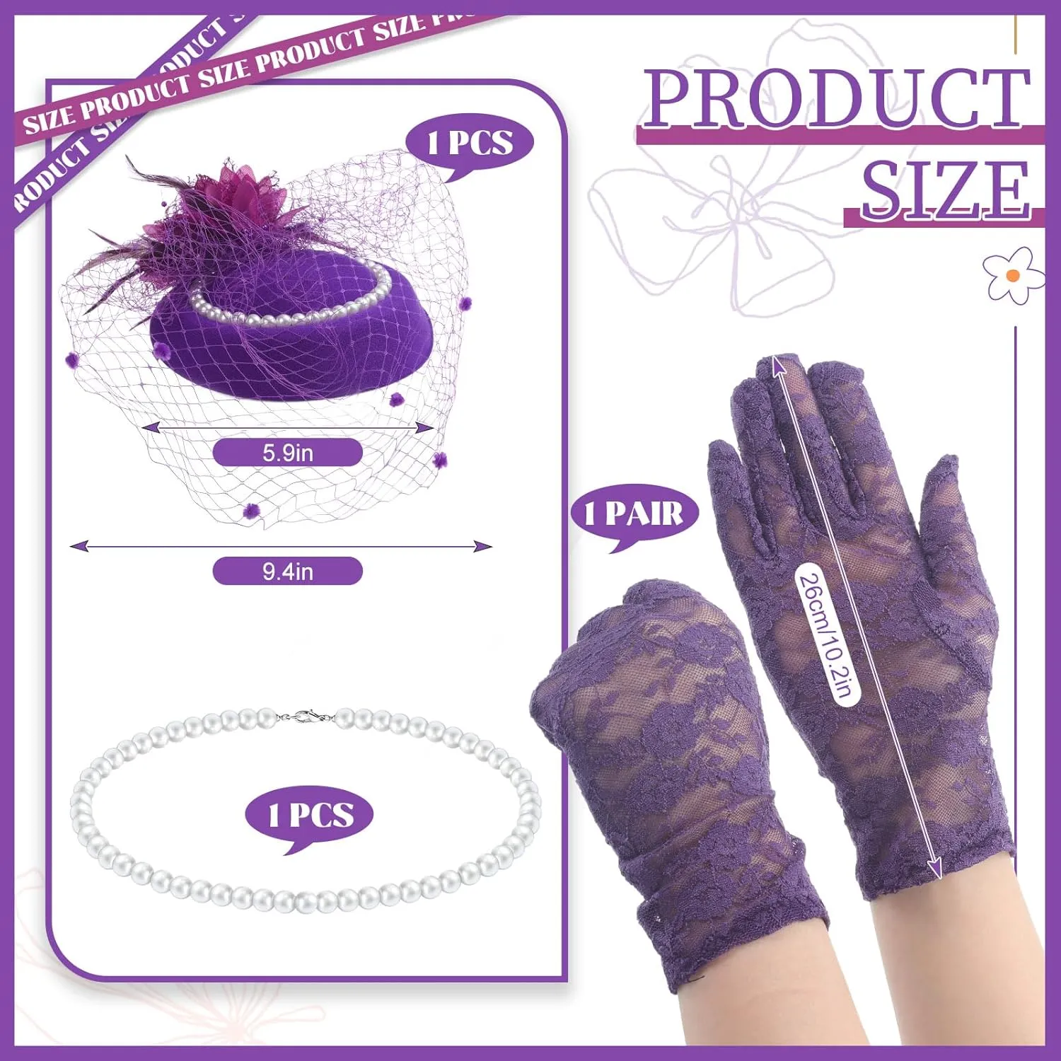3 Pieces Fascinator Hat for Women Tea Party Derby Hat with Veil Feather Funeral Headpiece Lace Gloves Pearl Necklace