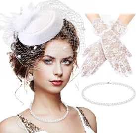 3 Pieces Fascinator Hat for Women Tea Party Derby Hat with Veil Feather Funeral Headpiece Lace Gloves Pearl Necklace