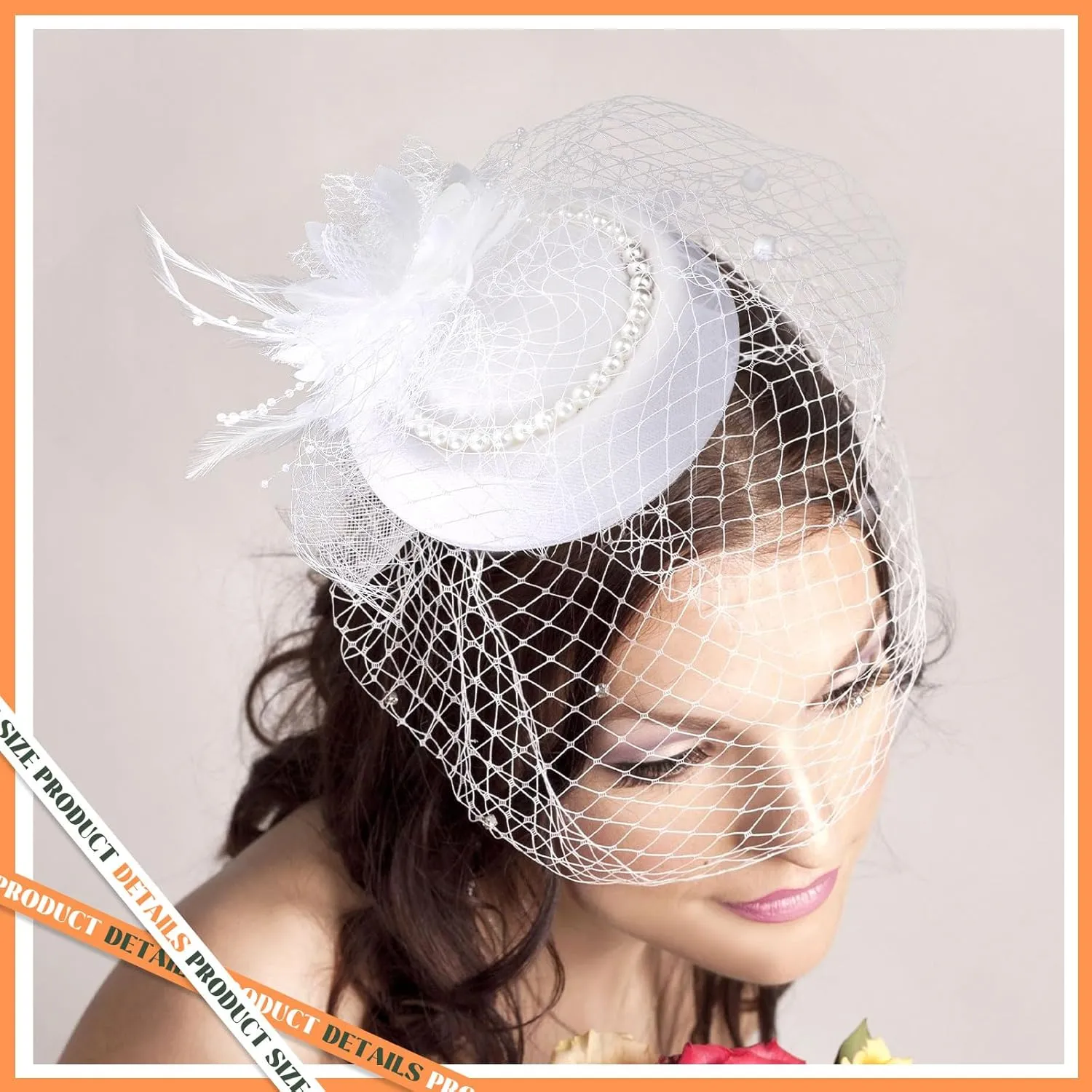 3 Pieces Fascinator Hat for Women Tea Party Derby Hat with Veil Feather Funeral Headpiece Lace Gloves Pearl Necklace