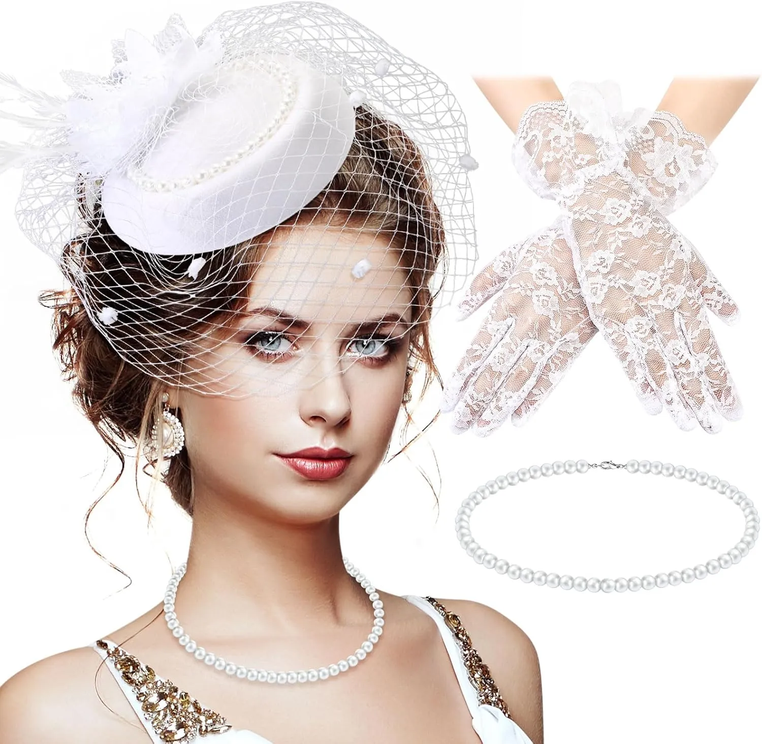 3 Pieces Fascinator Hat for Women Tea Party Derby Hat with Veil Feather Funeral Headpiece Lace Gloves Pearl Necklace