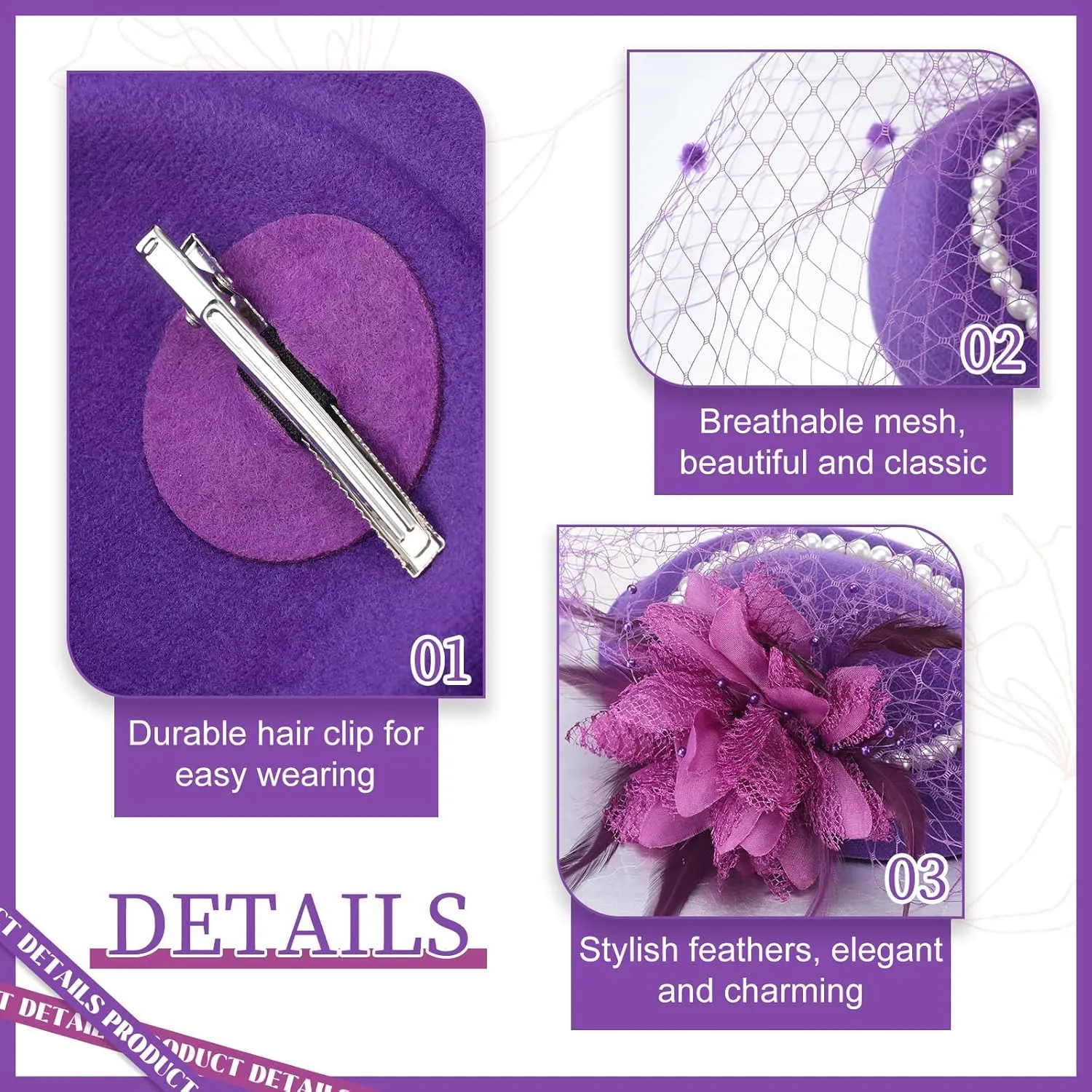 3 Pieces Fascinator Hat for Women Tea Party Derby Hat with Veil Feather Funeral Headpiece Lace Gloves Pearl Necklace