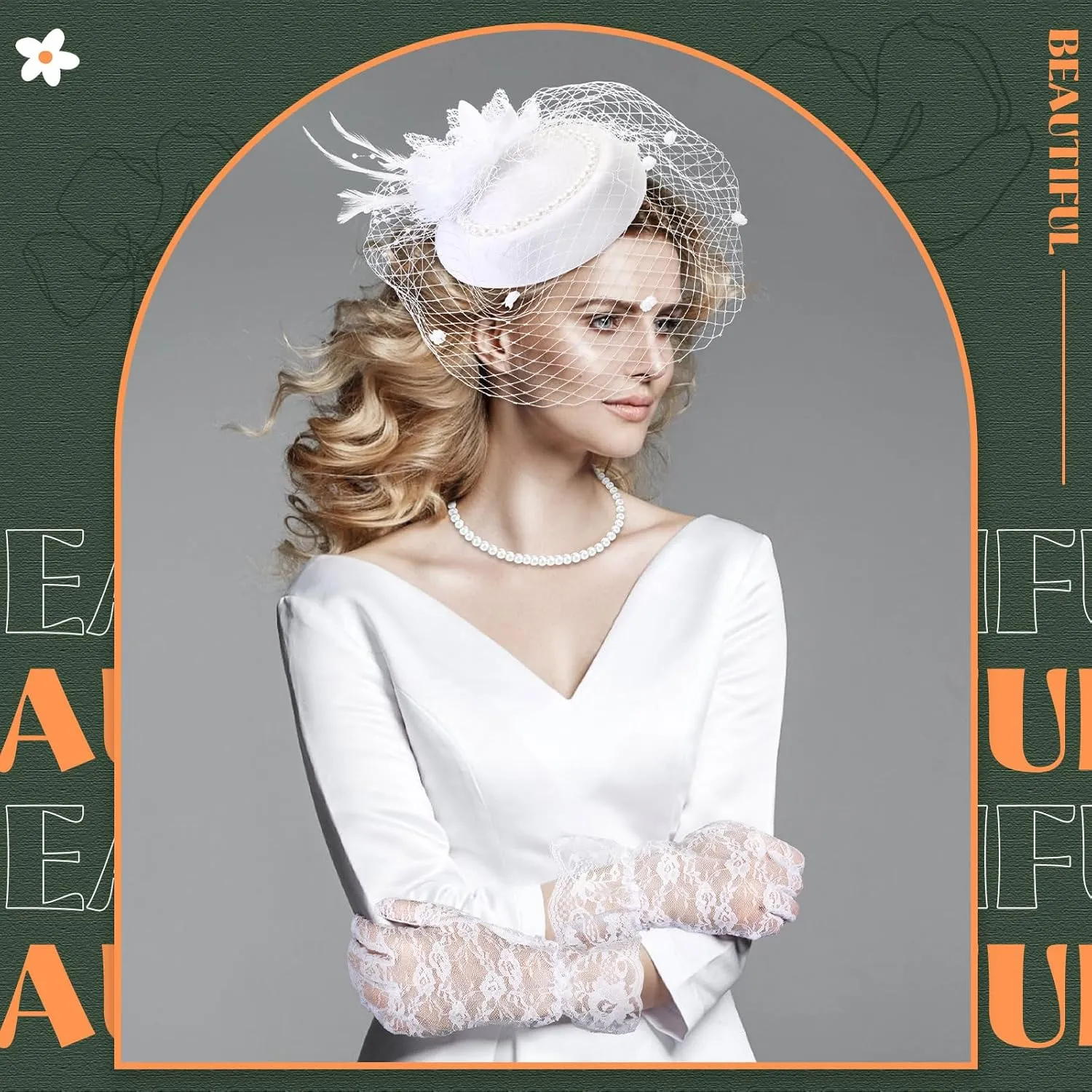3 Pieces Fascinator Hat for Women Tea Party Derby Hat with Veil Feather Funeral Headpiece Lace Gloves Pearl Necklace