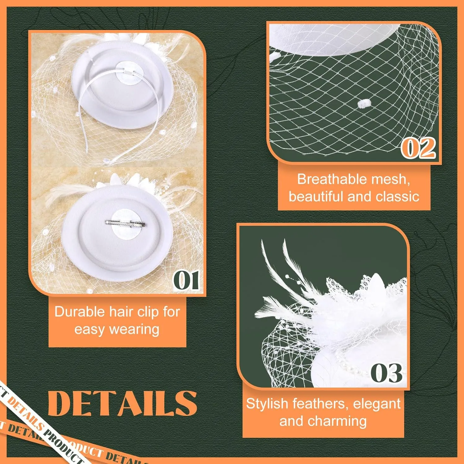 3 Pieces Fascinator Hat for Women Tea Party Derby Hat with Veil Feather Funeral Headpiece Lace Gloves Pearl Necklace