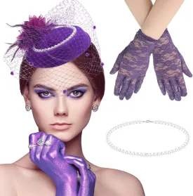 3 Pieces Fascinator Hat for Women Tea Party Derby Hat with Veil Feather Funeral Headpiece Lace Gloves Pearl Necklace