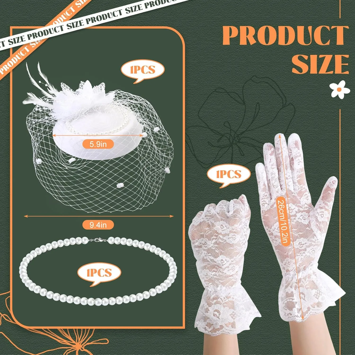 3 Pieces Fascinator Hat for Women Tea Party Derby Hat with Veil Feather Funeral Headpiece Lace Gloves Pearl Necklace
