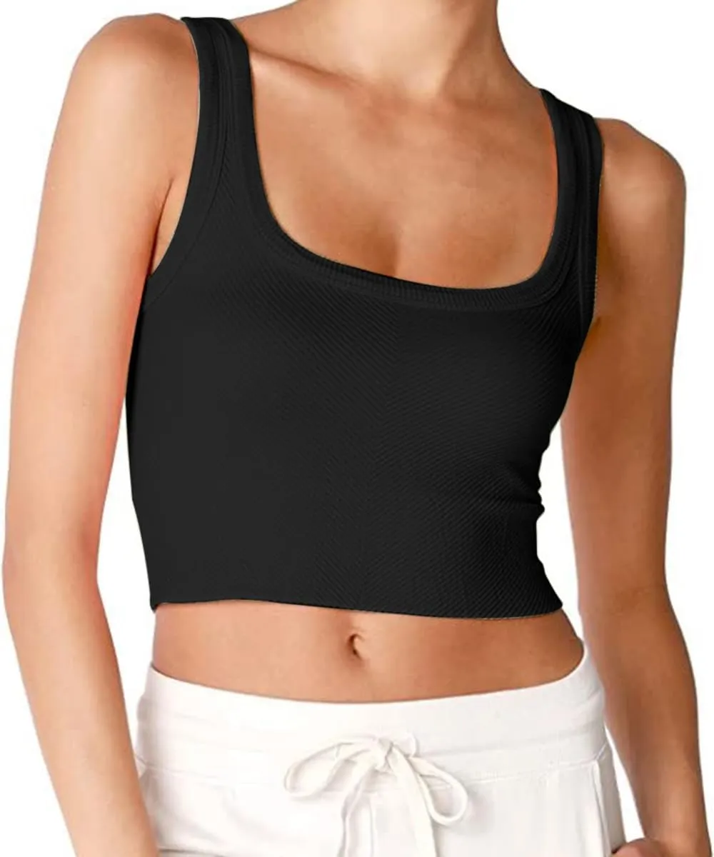 CHYRII Womens Summer Square Neck Going Out Tops Ribbed Basic Tank Crop Workout Tops
