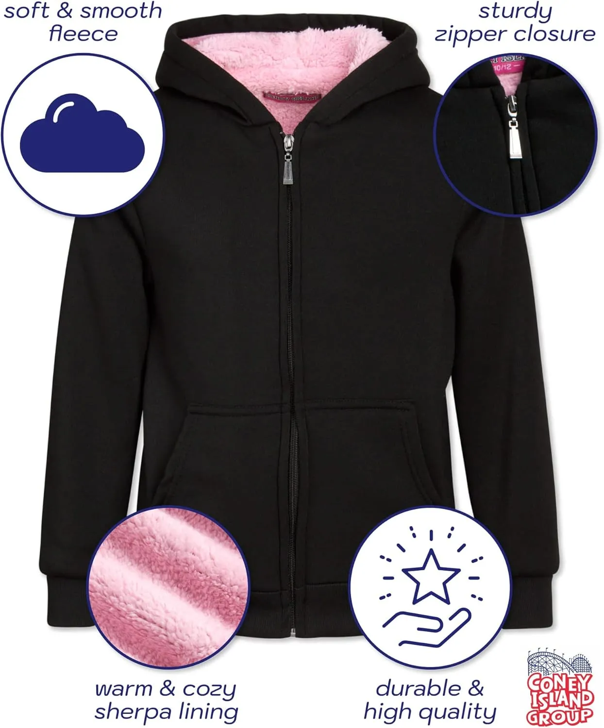 Coney Island Girls Hoodie - Cozy Soft Fleece Sherpa Lined Zip Up Hoodie Sweatshirt for Girls (Sizes Run Small: 4-16)