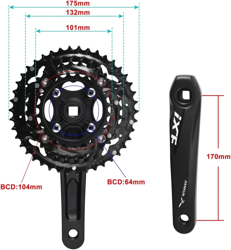 CYSKY Triple Crank Set 170mm 44-32-22, 42-32-24 Chainring 3X 9 10 Speed Square Taper Crankset 104/64 BCD for Mountain Bike Compatible with Shimano, SRAM, FSA, Gaint