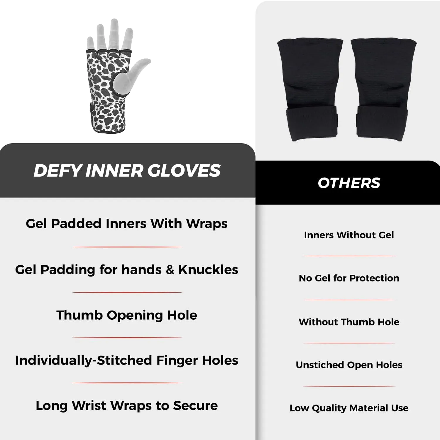 Defy Gel Padded Inner Gloves with Hand Wraps - MMA Muay Thai Boxing Fight Pair