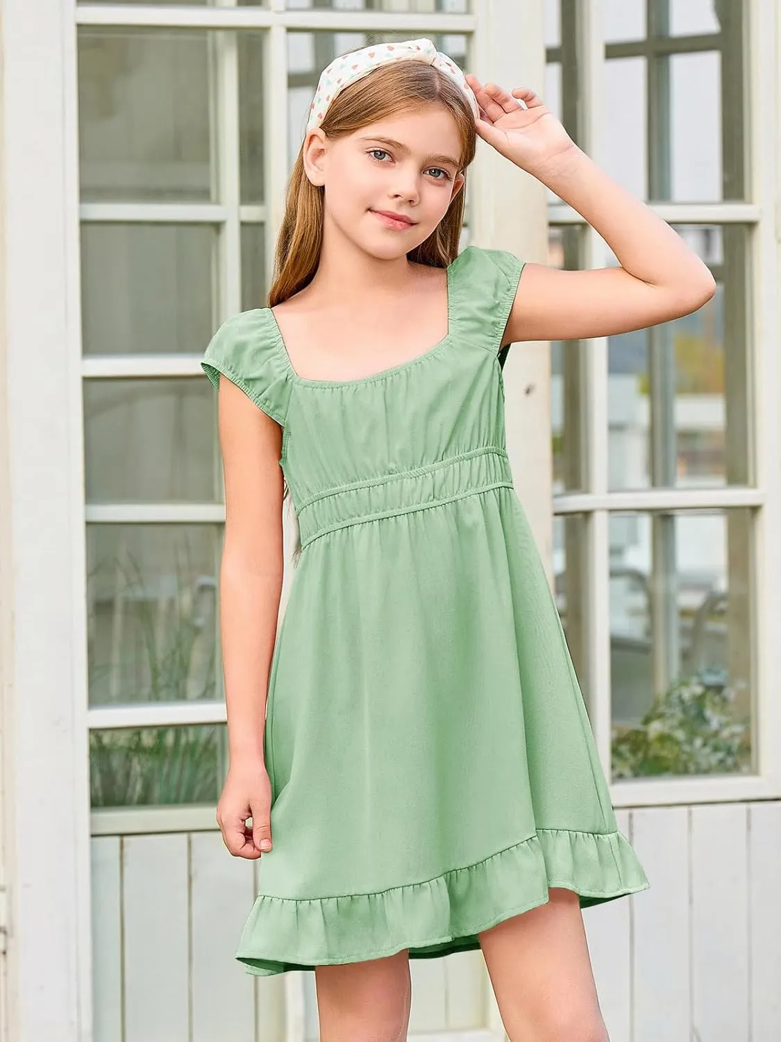 Haloumoning Girls Summer Dresses Kids Cap Sleeve Square Neck Elastic Waist A-Line Flowy Dress 7-14 Years