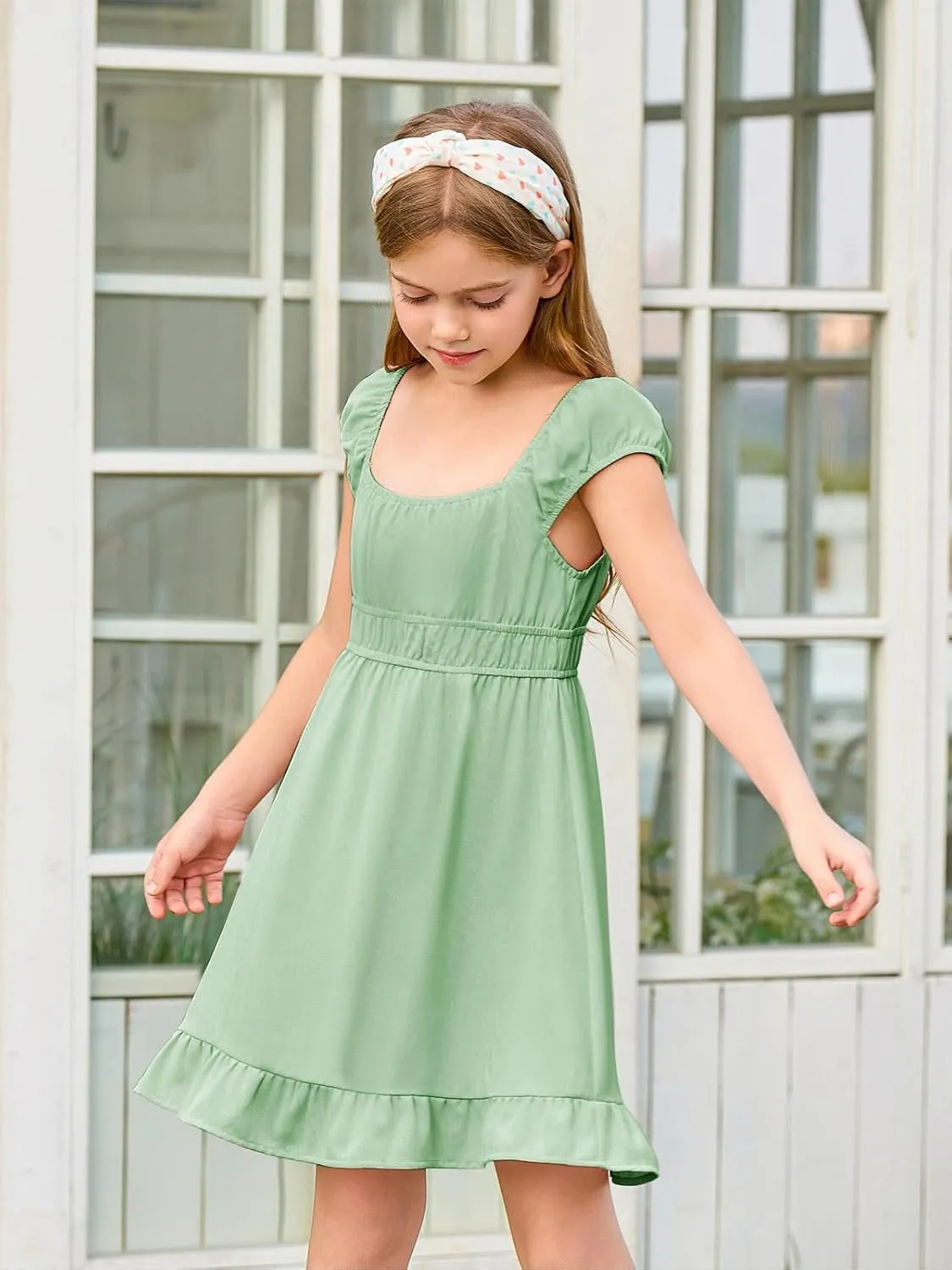 Haloumoning Girls Summer Dresses Kids Cap Sleeve Square Neck Elastic Waist A-Line Flowy Dress 7-14 Years