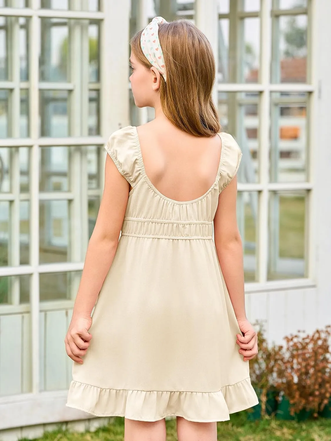 Haloumoning Girls Summer Dresses Kids Cap Sleeve Square Neck Elastic Waist A-Line Flowy Dress 7-14 Years