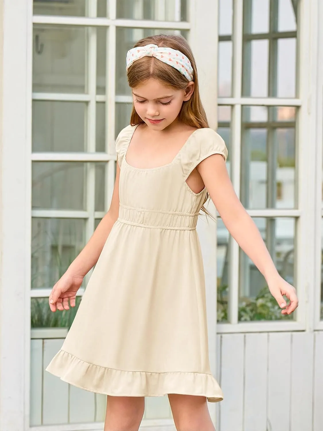 Haloumoning Girls Summer Dresses Kids Cap Sleeve Square Neck Elastic Waist A-Line Flowy Dress 7-14 Years