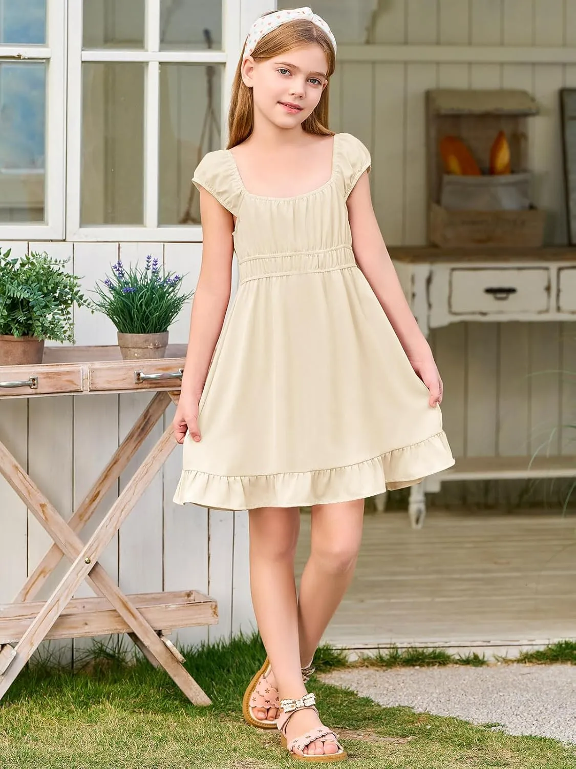 Haloumoning Girls Summer Dresses Kids Cap Sleeve Square Neck Elastic Waist A-Line Flowy Dress 7-14 Years