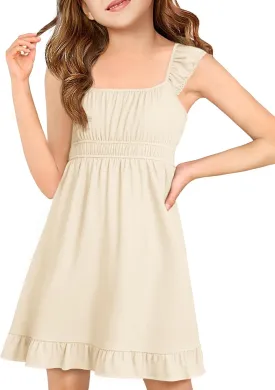 Haloumoning Girls Summer Dresses Kids Cap Sleeve Square Neck Elastic Waist A-Line Flowy Dress 7-14 Years