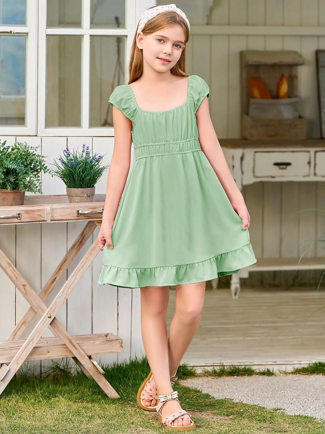 Haloumoning Girls Summer Dresses Kids Cap Sleeve Square Neck Elastic Waist A-Line Flowy Dress 7-14 Years
