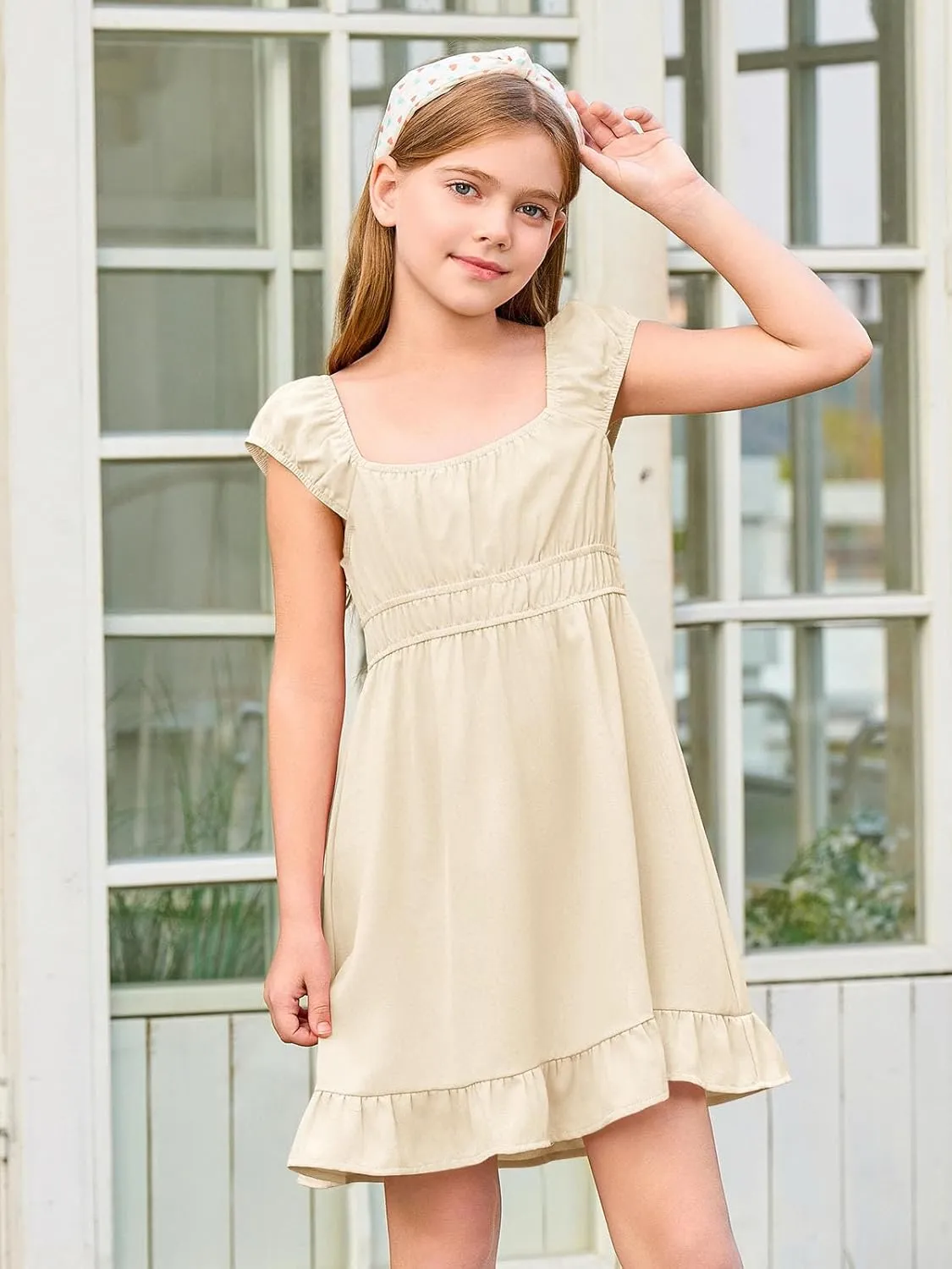 Haloumoning Girls Summer Dresses Kids Cap Sleeve Square Neck Elastic Waist A-Line Flowy Dress 7-14 Years
