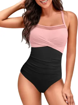 HEYTALALA Women's One Piece Swimsuit Tummy Control Bathing Suits Sexy Mesh Swim Suits Crisscross Back Modest 1 Piece Swimwear