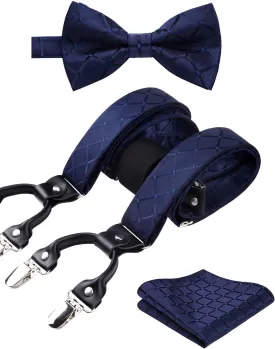 HISDERN Bow Tie and Suspenders for Men Suspender and Bowtie Handkerchief Set Adjustable Y Shape 6 Clips Wedding Brace