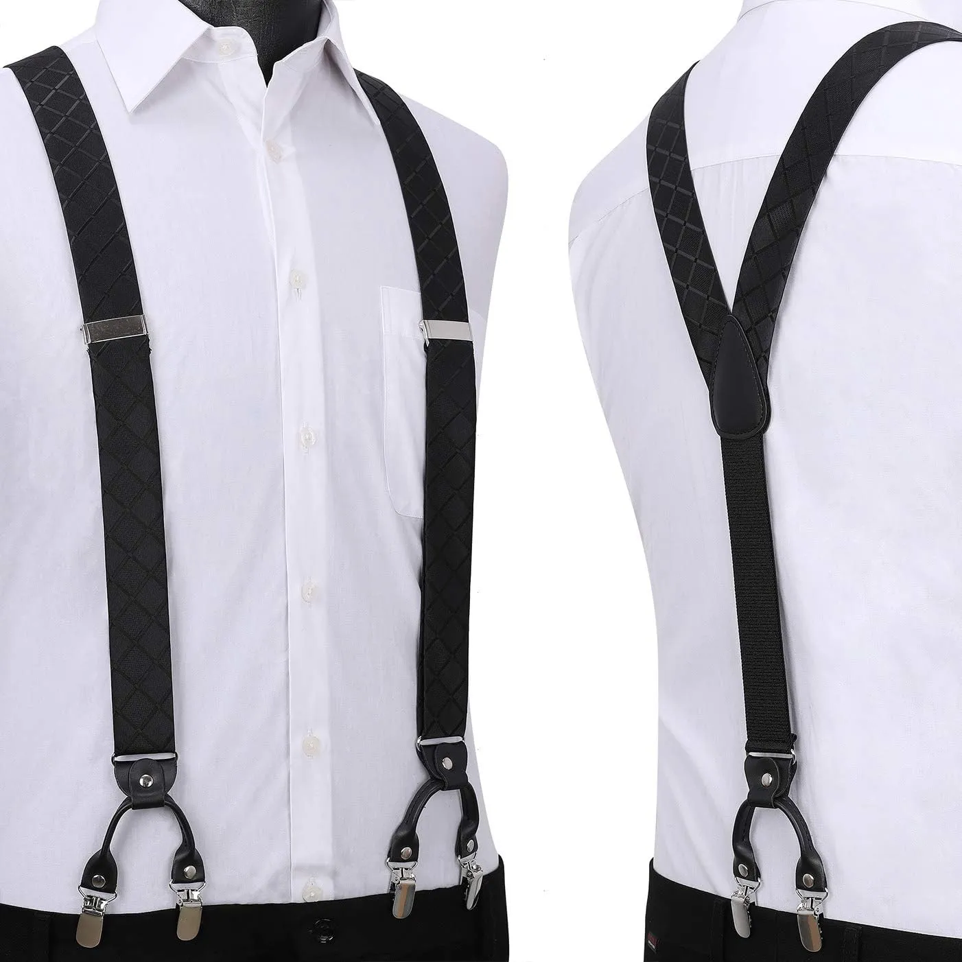 HISDERN Bow Tie and Suspenders for Men Suspender and Bowtie Handkerchief Set Adjustable Y Shape 6 Clips Wedding Brace