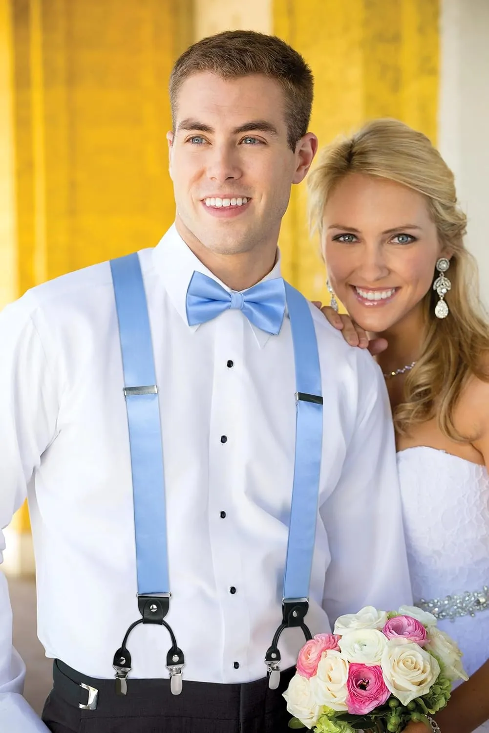 HISDERN Bow Tie and Suspenders for Men Suspender and Bowtie Handkerchief Set Adjustable Y Shape 6 Clips Wedding Brace