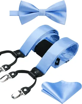 HISDERN Bow Tie and Suspenders for Men Suspender and Bowtie Handkerchief Set Adjustable Y Shape 6 Clips Wedding Brace