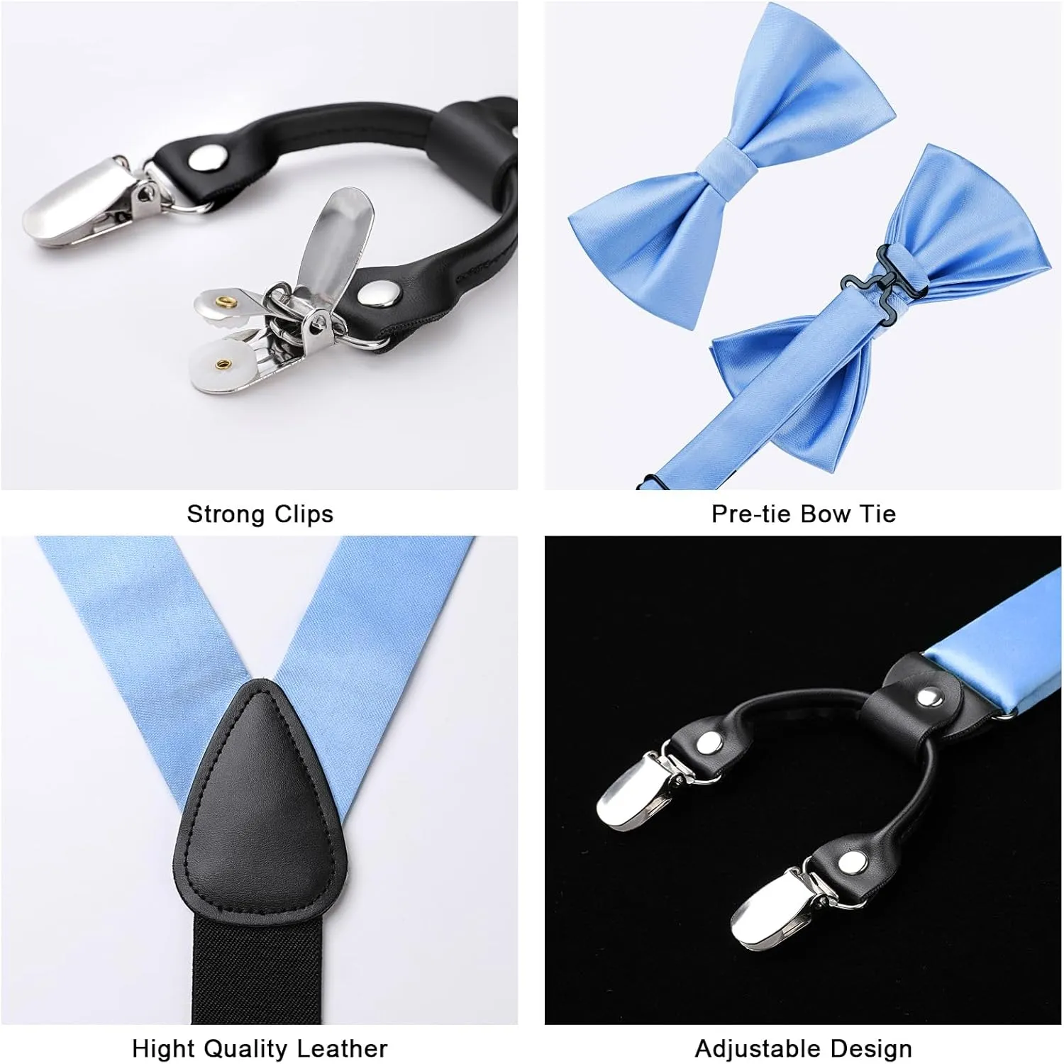 HISDERN Bow Tie and Suspenders for Men Suspender and Bowtie Handkerchief Set Adjustable Y Shape 6 Clips Wedding Brace