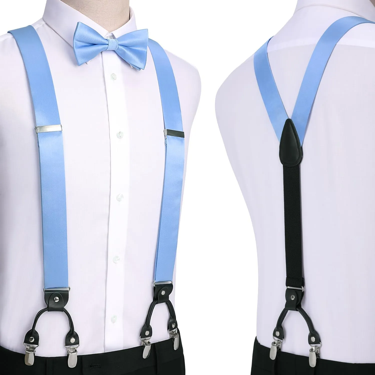 HISDERN Bow Tie and Suspenders for Men Suspender and Bowtie Handkerchief Set Adjustable Y Shape 6 Clips Wedding Brace