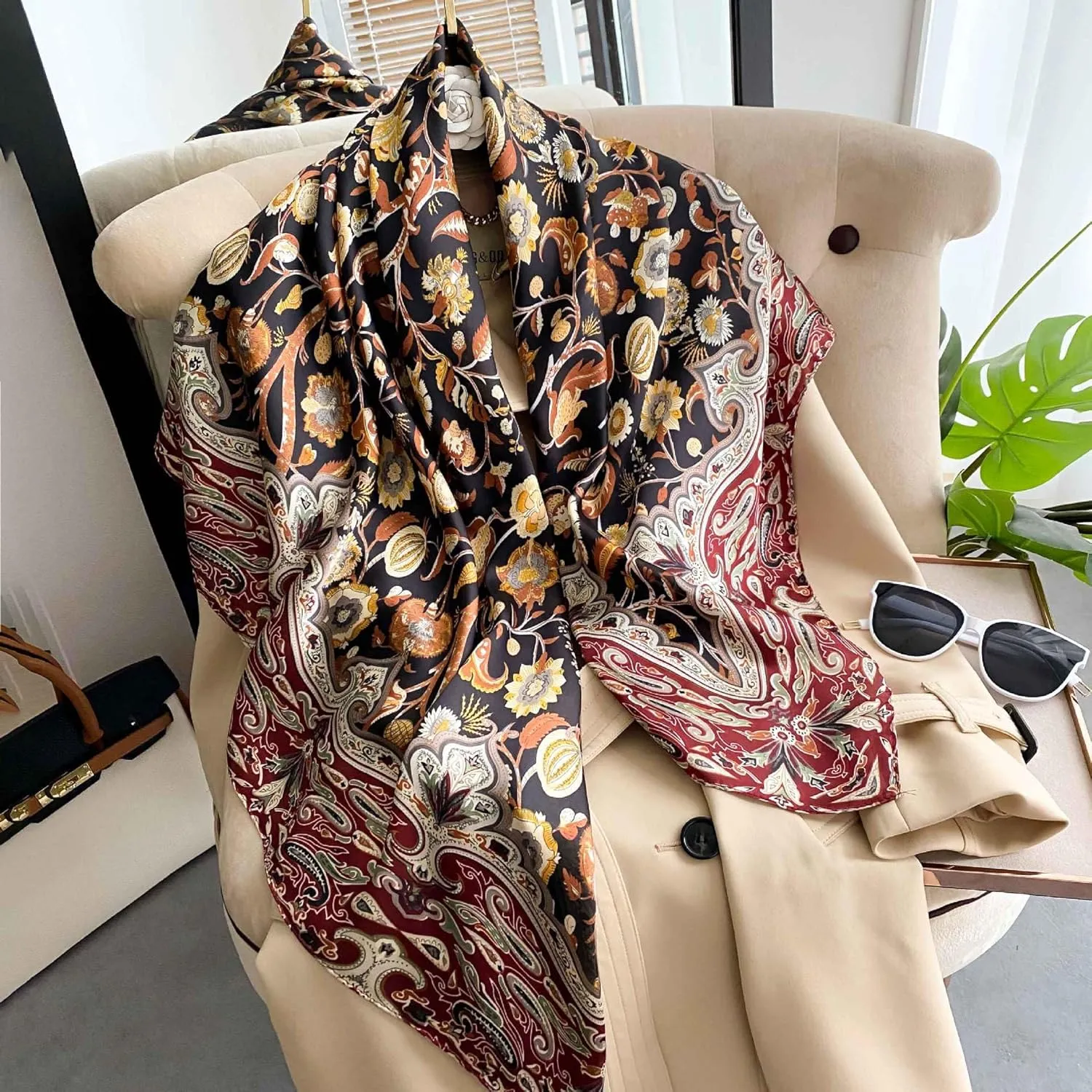 K-Elewon Large Square Scarf 43" Silk Scarf Fashion Scarves Silk Feeling Hair Wrapping Scarfs Night Sleeping Headscarf