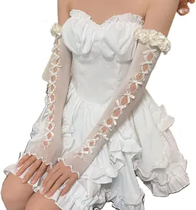 Lolita Mesh Lace Fingerless Gloves Women Gothic Bowtie Arm Sleeves Y2K Tulle Long Gloves Bridal Prom Wrist Cuff
