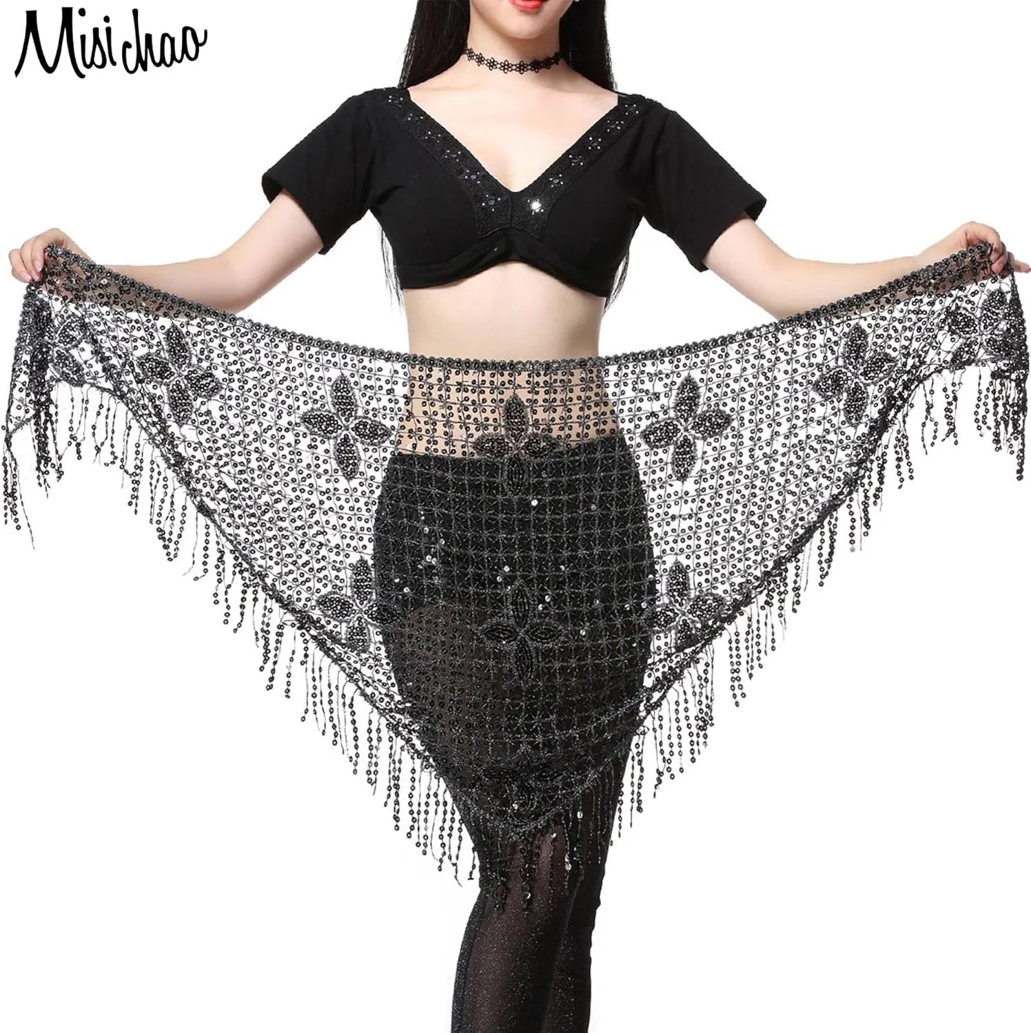 MISI CHAO Belly Dance Hip Scarf - Hip Skirt Belly Dancing Belt Triangle Shawl Tassel Belts Waist Chain for Women/Girls