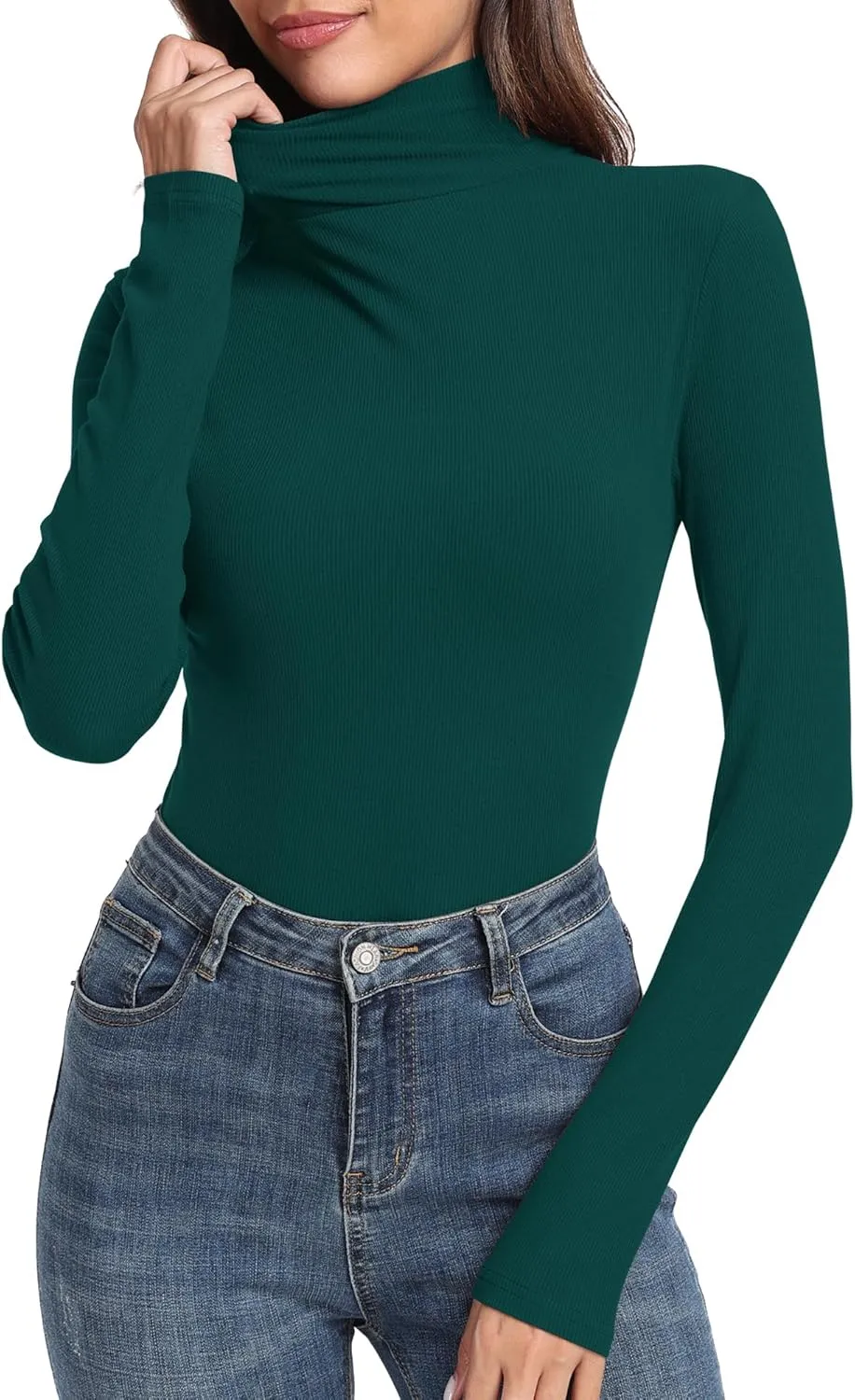 PALINDA Women's Ribbed Turtleneck Fitted Long Sleeve Shirts Basic Thermal Layering Tops