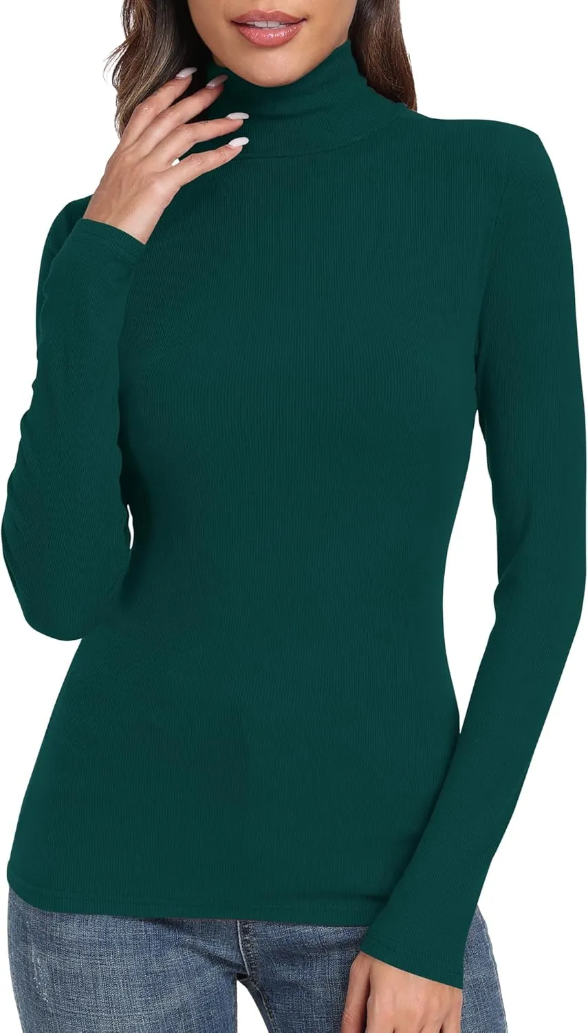 PALINDA Women's Ribbed Turtleneck Fitted Long Sleeve Shirts Basic Thermal Layering Tops
