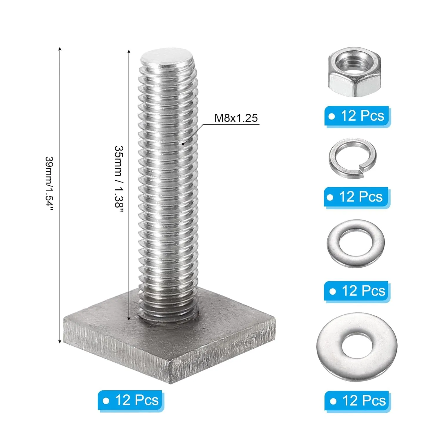 PATIKIL t Slot Bolts M8 x 35mm, 12 Set Square Head t Bolts Roof Rack Stainless Steel t Track Bolts with Nut Washers for Bike Ski Kayak Rack