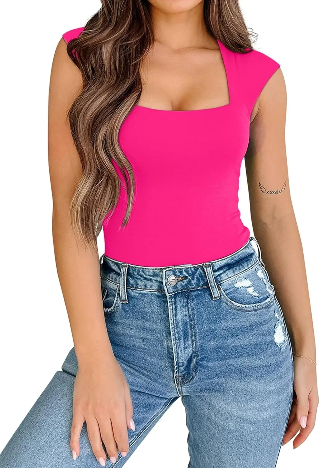 PINKMSTYLE Womens Basic Square Neck Tank Tops Double Lined Fitted Summer Tops Cute Sleeveless Shirts
