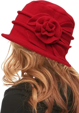 Polar Fleece Fashion Women-Cloche-Hat, 1920s Vintage Womens-Felt-Hat, Floral Winter Fall Spring Church-Hats for Women Elegant