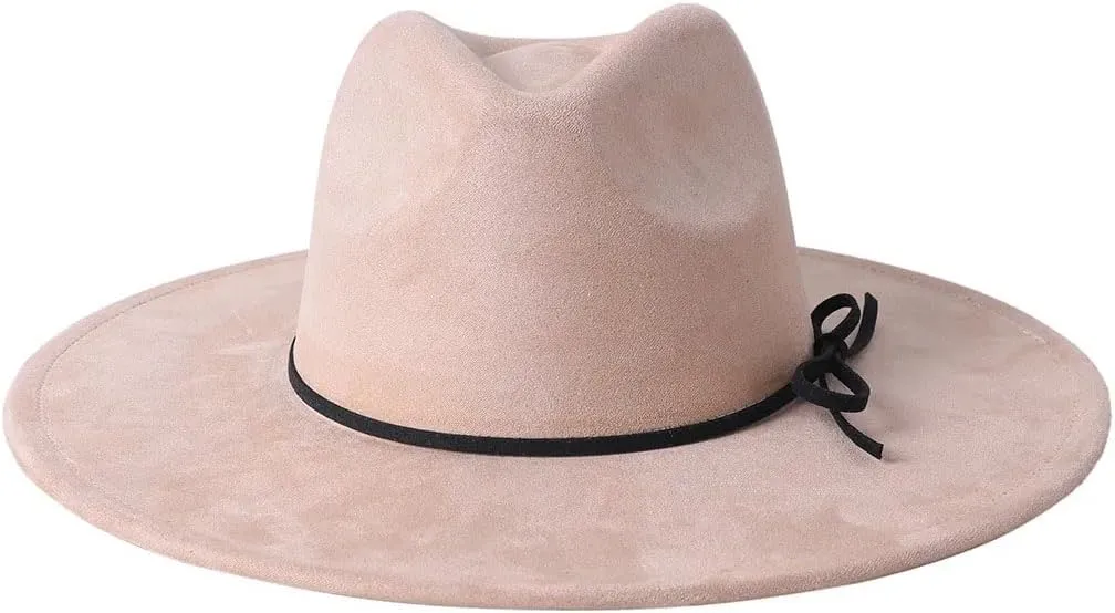 Unisex Wide Brim Fedora Hat - Bow Tie Rope Decor Faux Suede Flat Edged Jazz Hat All-Season Couple Accessory