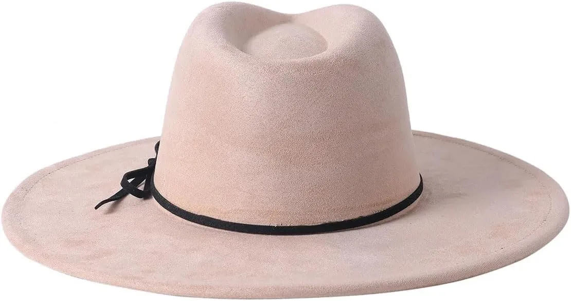 Unisex Wide Brim Fedora Hat - Bow Tie Rope Decor Faux Suede Flat Edged Jazz Hat All-Season Couple Accessory
