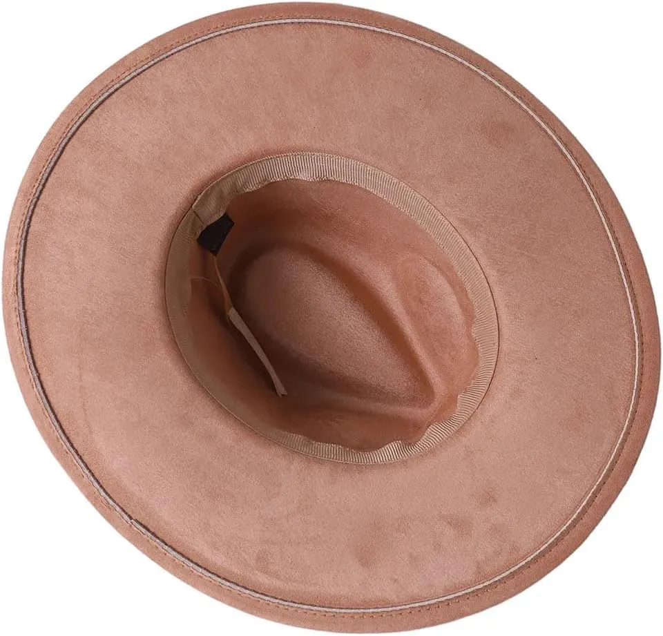 Unisex Wide Brim Fedora Hat - Bow Tie Rope Decor Faux Suede Flat Edged Jazz Hat All-Season Couple Accessory