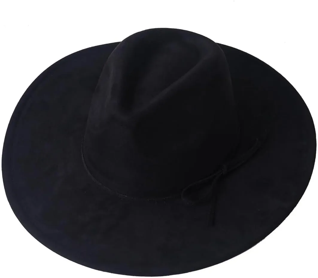 Unisex Wide Brim Fedora Hat - Bow Tie Rope Decor Faux Suede Flat Edged Jazz Hat All-Season Couple Accessory
