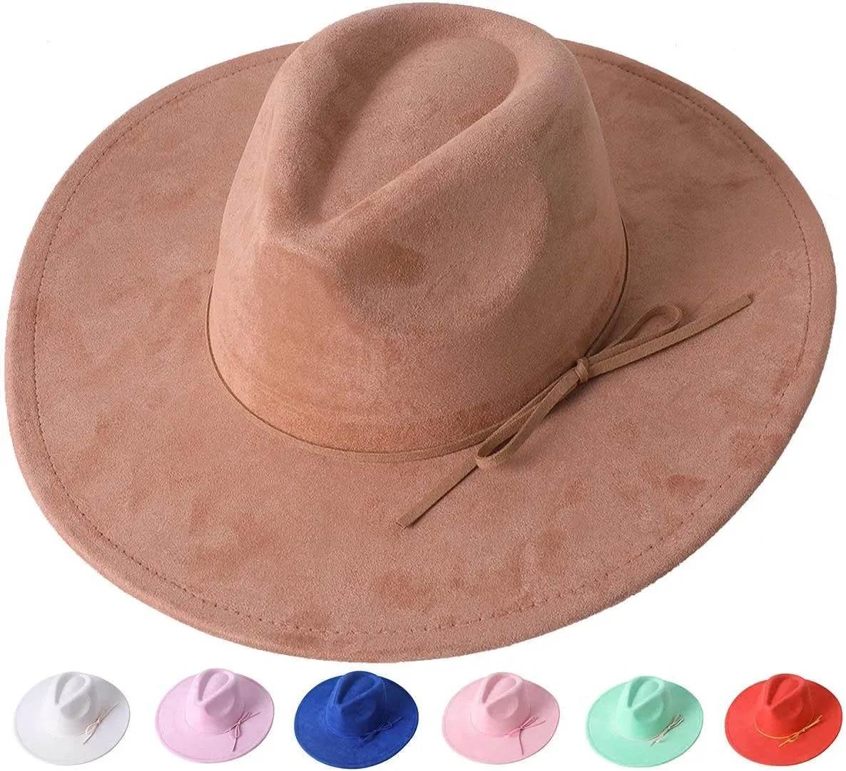 Unisex Wide Brim Fedora Hat - Bow Tie Rope Decor Faux Suede Flat Edged Jazz Hat All-Season Couple Accessory