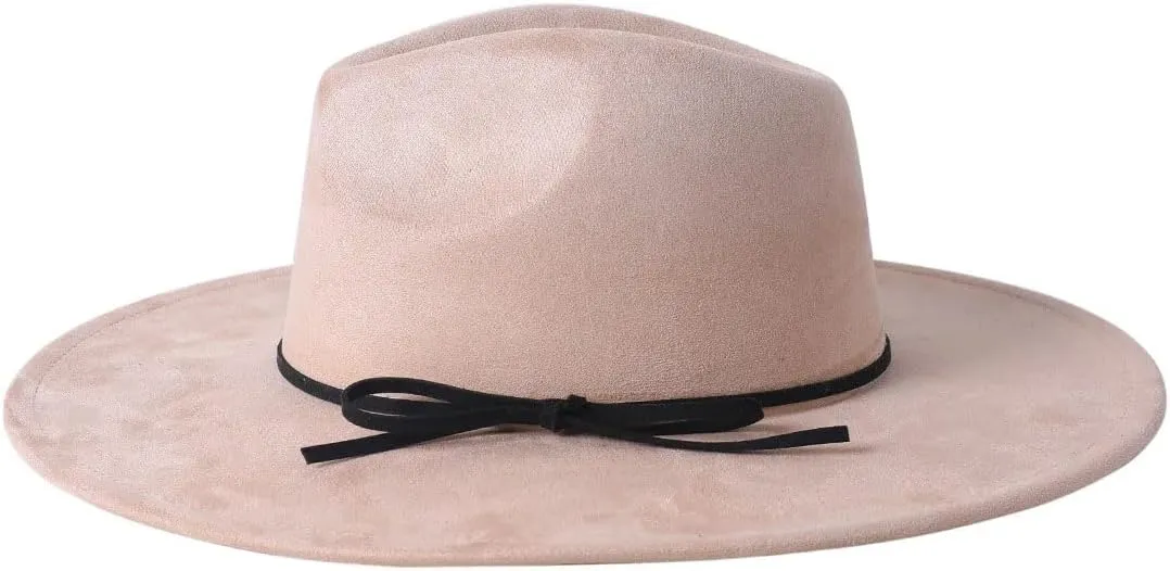 Unisex Wide Brim Fedora Hat - Bow Tie Rope Decor Faux Suede Flat Edged Jazz Hat All-Season Couple Accessory