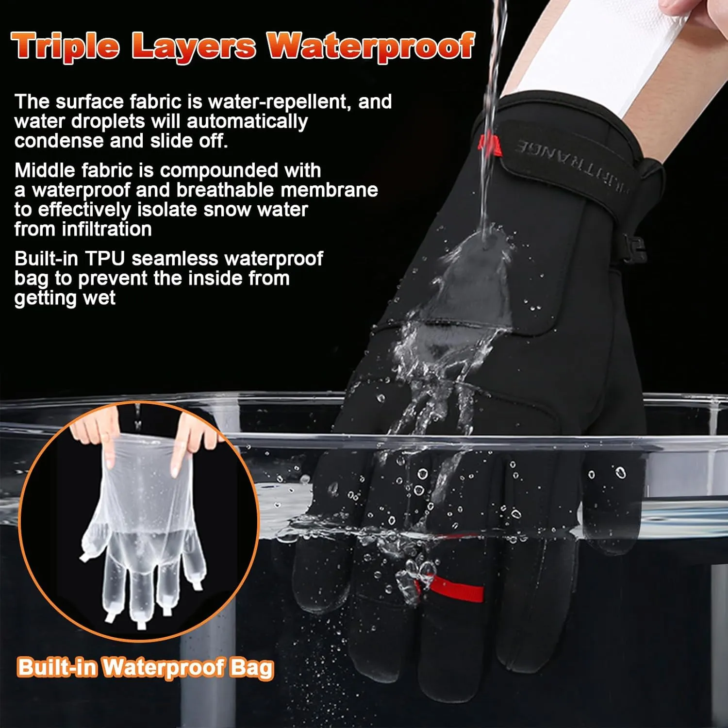Waterproof Winter Gloves Mens Women Warm Touch Screen Anti-slip and Wear-resistant with Adjustable Velcro