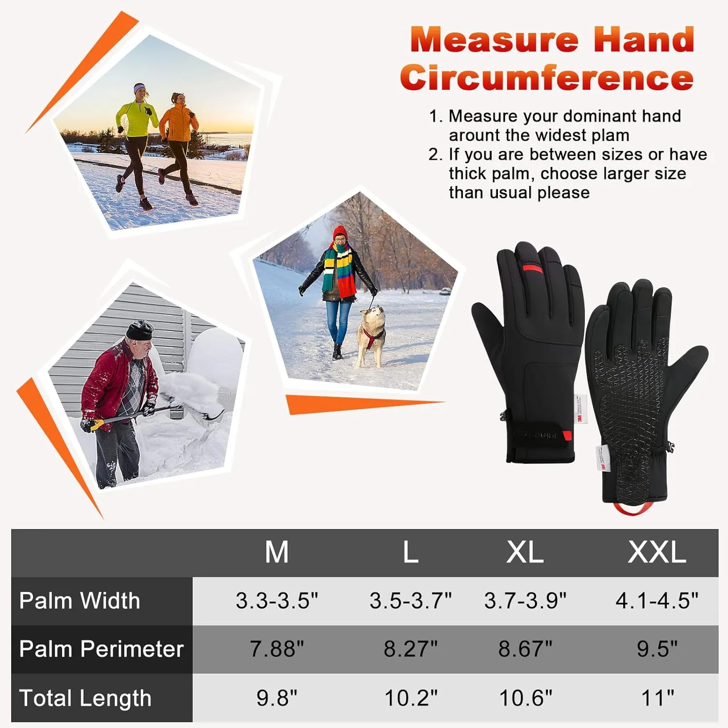 Waterproof Winter Gloves Mens Women Warm Touch Screen Anti-slip and Wear-resistant with Adjustable Velcro