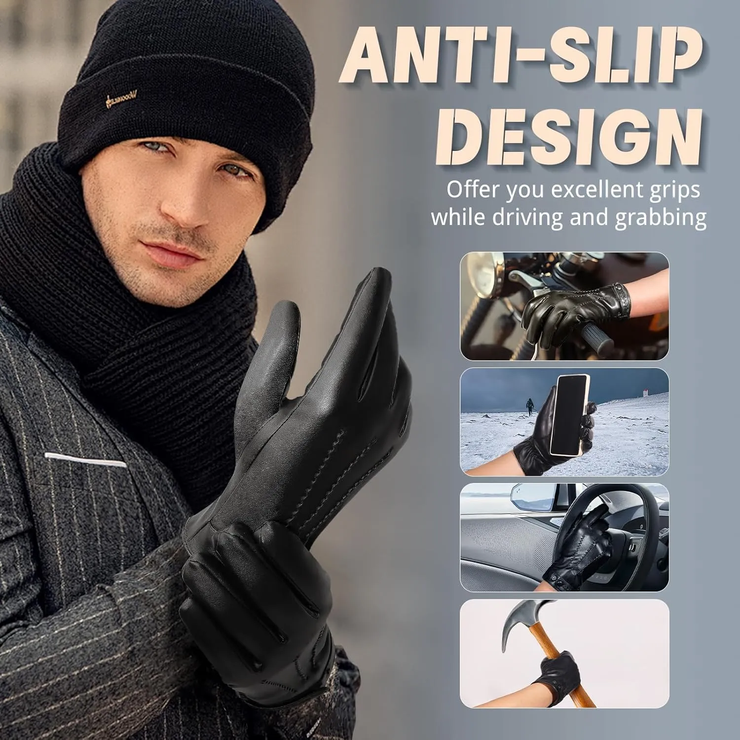 Winter Leather Gloves for Men, Plush Lined Mens PU Gloves With Full-hand Touchscreen Mens Winter Gloves