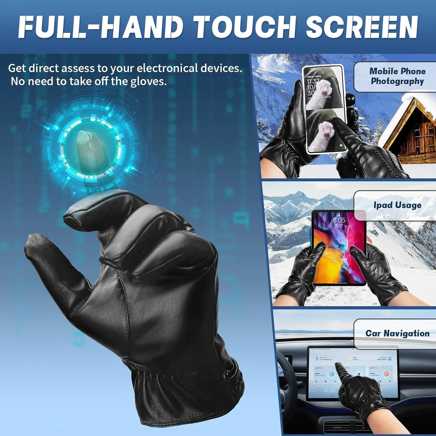 Winter Leather Gloves for Men, Plush Lined Mens PU Gloves With Full-hand Touchscreen Mens Winter Gloves
