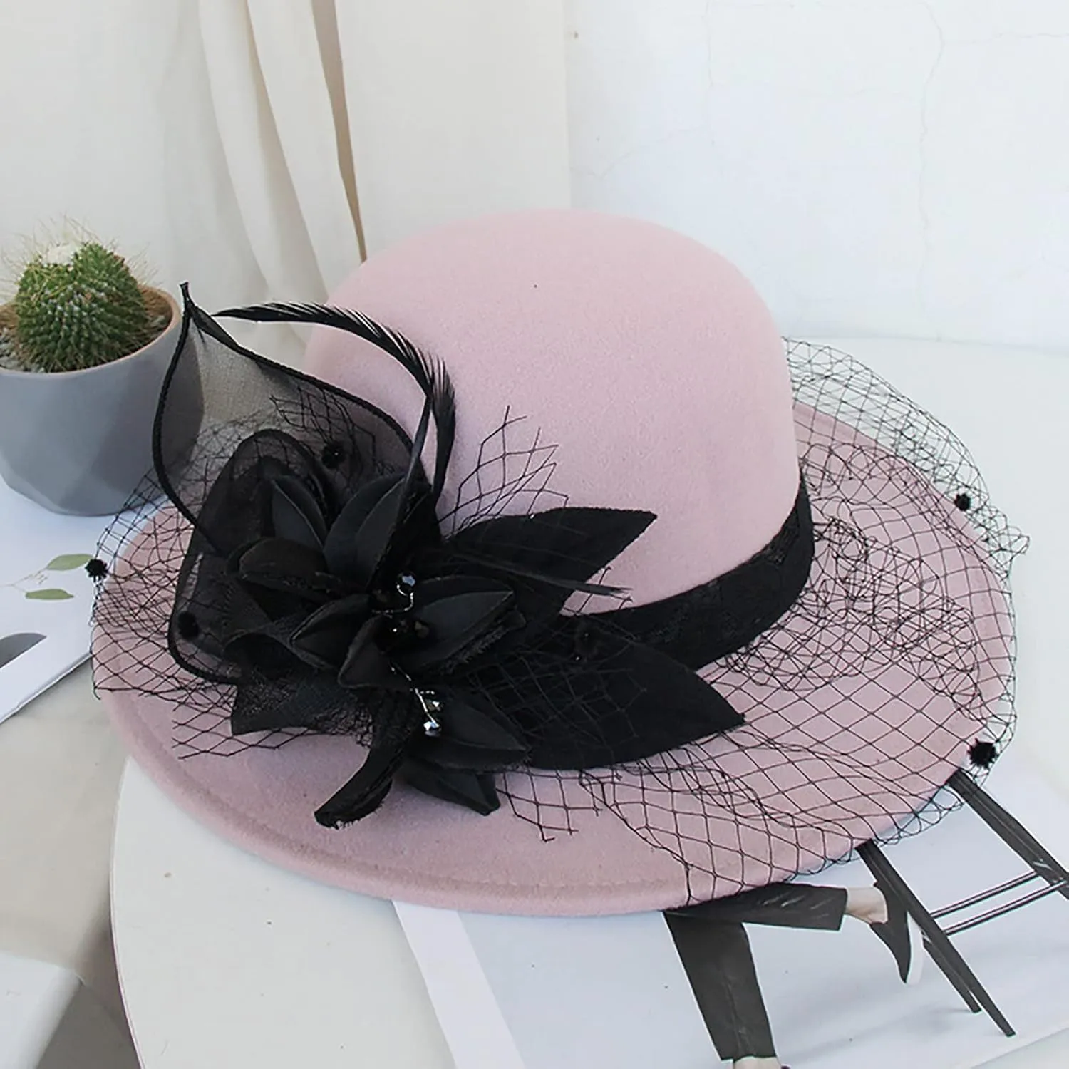 Women Fall Winter Wool Vintage Felt Bucket Elegant Hat Church Dress Cloche Hats Formal Wedding Hat with Bow