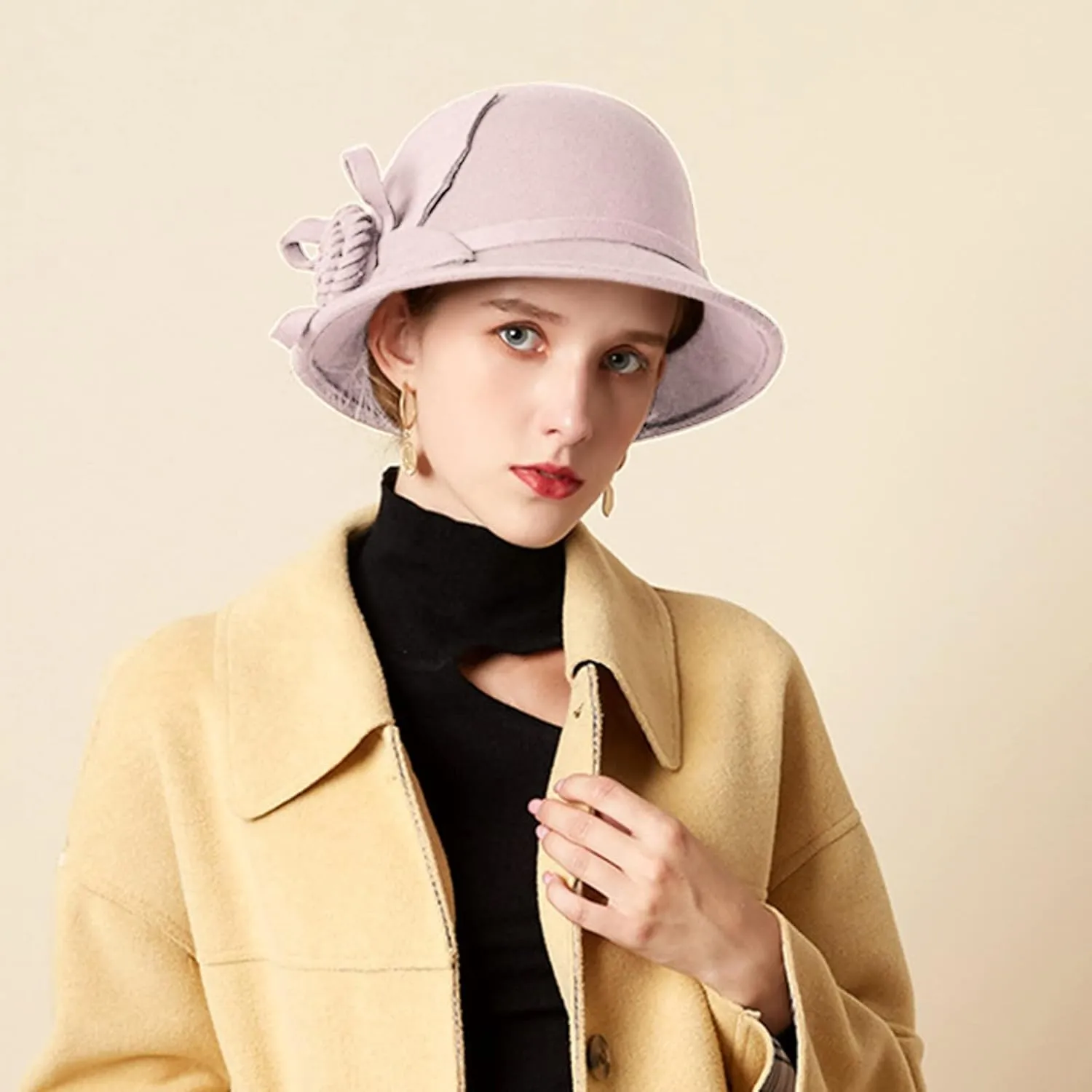 Women Solid Color Winter Hat Wool Cloche Bucket with Bow Women's Imitation Wool Fel Flowers Church Bowler Hats