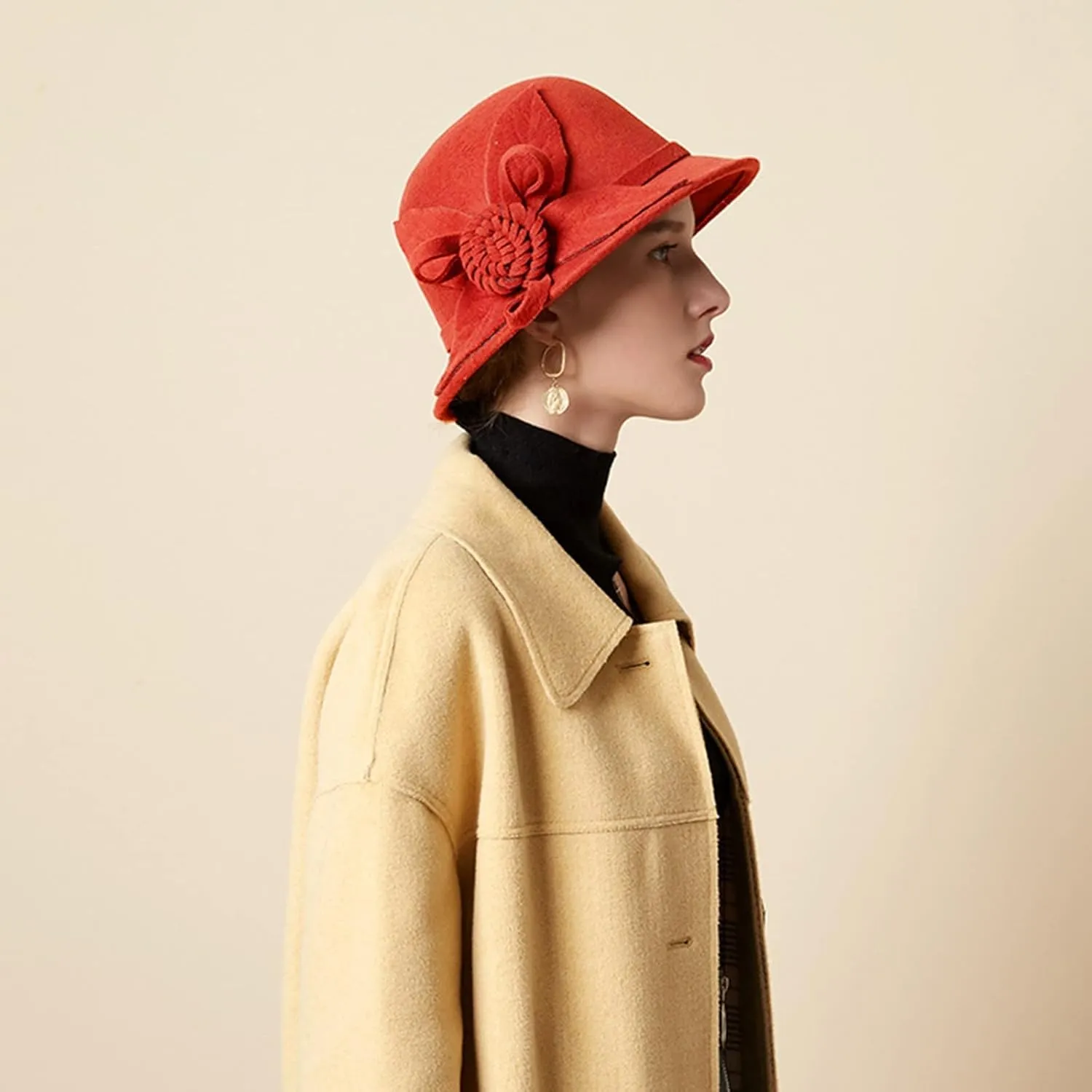 Women Solid Color Winter Hat Wool Cloche Bucket with Bow Women's Imitation Wool Fel Flowers Church Bowler Hats